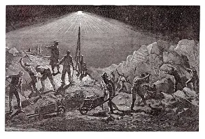 Illuminate Prints: miner underground electric power light illuminate show bright see work labour wheel barrow rock gold coal salt mineral