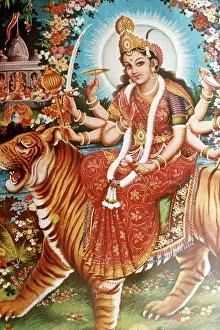 Wild Animals Prints: Miniature painting of goddess durga, india