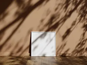 Minimal picture poster frame mockup on wooden floor with shadow