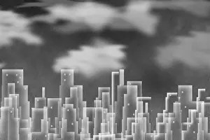 Hologram Prints: Minimalist geometric abstract. Night city silhouettes. 3D rendering