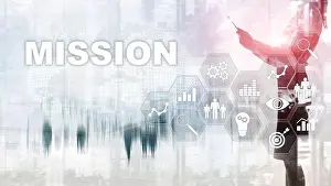 Analyze Prints: Mission business concept. Finacial success chart concept on virtual screen