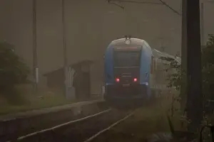 Silesia Prints: Mist morning with electric trains in Rajcza town with Sola river in middle of summer