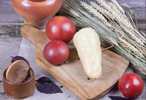 Foods Prints: Mix of fresh vegetables on a wooden background Tomatoes Pepper Basil