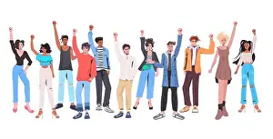 mix race people crowd with raised up hands standing together labor day celebration concept full length horizontal vector illustration