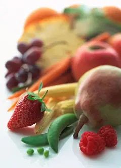Strawberries Prints: Mixture of fruit and vegetables with salad ingredients on a white background