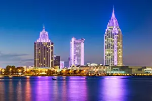 Business District Prints: Mobile, Alabama, USA downtown city skyline on the Mobile River at twilight