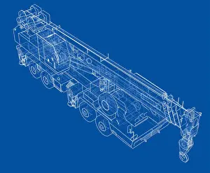 Turntable Prints: Mobile crane blueprint. 3d illustration. Wire-frame style
