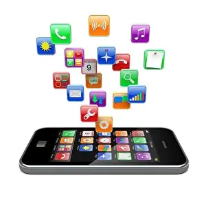Apps Prints: Mobile phone with software apps icons. 3d image