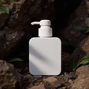 Lotion Prints: Mockup of pump bottle between rocks