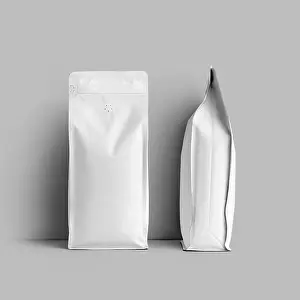Mockup of a white bag for coffee beans, packaging with a degassing valve, front, side space for design, branding. Set. Template of stable pack with te