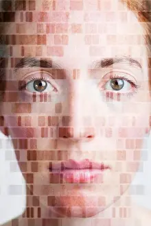 Ageing Prints: MODEL RELEASED. Conceptual composite image of a young woman's face with DNA (deoxyribonucleic acid)