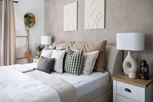 Bedding Prints: Modern bedroom interior, white blanket, lots of pillows and stylish night lamps