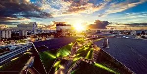 Katowice Prints: The modern city center of Katowice with green roof of International Congress Centre and the famous Spodek sports hall