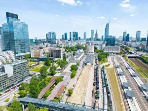 Modern City high rise skyscraper buildings. Aerial drone view of the Financial District Warsaw Daytime