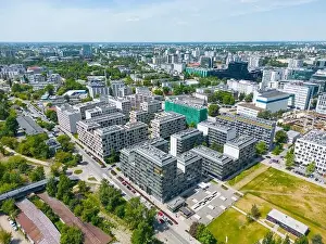 Modern City high rise skyscraper buildings. Aerial drone view of the Financial District Warsaw Daytime