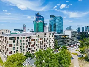 Modern City high rise skyscraper buildings. Aerial drone view of the Financial District Warsaw Daytime