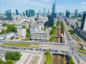 Modern City high rise skyscraper buildings. Aerial drone view of the Financial District Warsaw Daytime