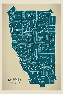 Buffalo Prints: Modern City Map - Buffalo New York city of the USA with neighborhoods and titles