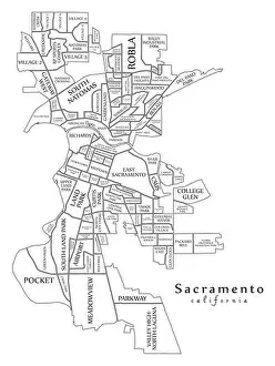 Modern City Map - Sacramento California city of the USA with neighborhoods and titles outline map