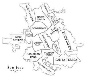 San Jose Prints: Modern City Map - San Jose city of the USA with neighborhoods and titles outline map