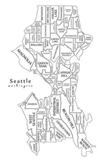 Flats Prints: Modern City Map - Seattle Washington city of the USA with neighborhoods and titles outline map
