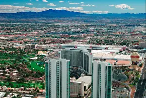 Boulevard Prints: Modern City Skyline. Las Vegas Skyline Aerial view with mountain and hotels