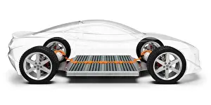 Electric Vehicle Prints: Modern electric car with battery, x-ray vehicle chassis, 3D rendering