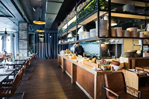 Loft Prints: modern loft style restaurant decoration with hanging light bulb beer pub and bar