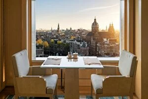 Images Dated 16th April 2017: Modern luxury restaurant interior with romantic sence Amsterdam old town view in Amsterdam