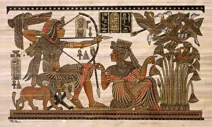 Tutankhamun Prints: Modern payrus showing queen Ankhesenamun (left) with her husband Tutankhamun