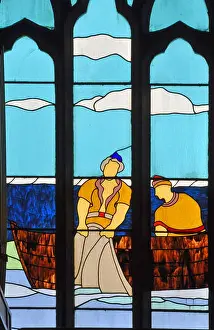 Miracle Prints: Modern stained glass window showing the biblical tale of the loaves and the fishes