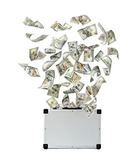 Briefcase Prints: Modern suitcase full of money and flying American banknotes on white background