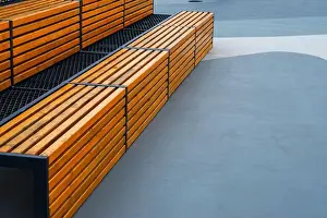 Hues Prints: Modern wooden benches on the outdoor basketball court