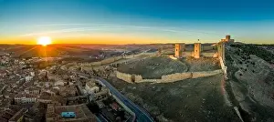 Moorish Prints: Molina de Aragon classic medieval Spanish ruined partially restored castle aerial panorama view at sunset close to