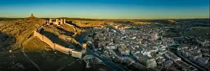 Moorish Prints: Molina de Aragon classic medieval Spanish ruined partially restored castle aerial panorama view at sunset close to