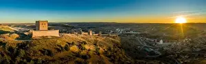 Molina de Aragon classic medieval Spanish ruined partially restored castle aerial panorama view at sunset close to