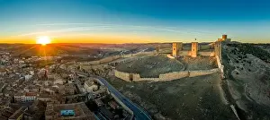 Moorish Prints: Molina de Aragon classic medieval Spanish ruined partially restored castle aerial panorama view at sunset close to