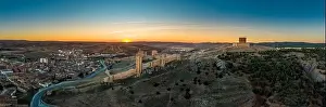 Moorish Prints: Molina de Aragon classic medieval Spanish ruined partially restored castle aerial panorama view at sunset close to