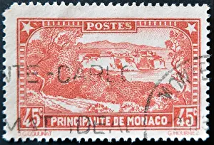 MONACO - CIRCA 1933: A stamp printed in Monaco shows the rock of Monaco, circa 1933