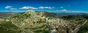 Medieval Village Prints: Moncin medieval walled picturesque village in Andalusia close to Granada with ruined castle aerial view one of the most