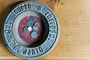 Donations Prints: Money on a church collection plate. With God Loveth a Cheerful Giver carved round the side