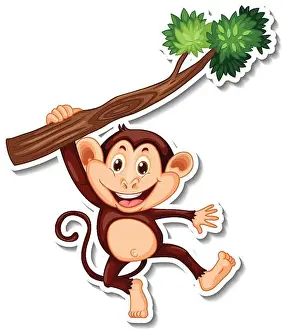 Comical Prints: Monkey hanging on tree branch cartoon character sticker illustration
