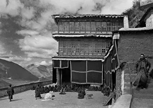 Lama Prints: Monks at Drigung Monastery in central Tibet make prayers for the dead at this sky burial location - Tibet 1995