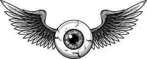 Eyelid Prints: monochromatic Vector illustration of Tattoo Flying Eyeball design