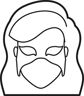 Super Hero Prints: monochrome thick contour head of faceless woman superhero with long wavy hair and mask