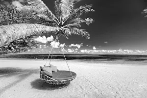 Seychelles Prints: Monochrome tropical beach as summer landscape with beach swing or hammock and white sand calm sea black beach banner