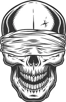 Demon Prints: Monochrome vintage skull with blindfold. Vector illustration