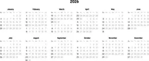 Weekly Prints: Monthly calendar of year 2026. Week starts on Sunday