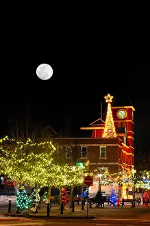 City Hall Prints: A full moon over Duncan's City Hall at Christmas in Duncan, BC