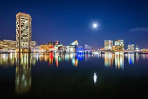 Maryland Prints: The moon over the Inner Harbor skyline at night, in Baltimore, Maryland